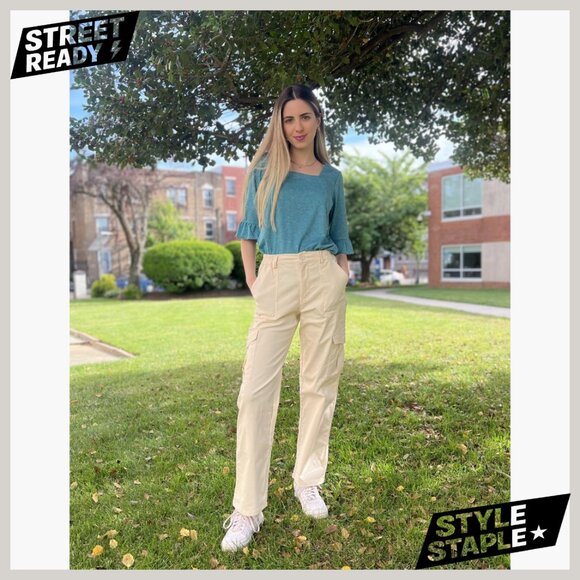 High Waisted Cargo Pants with 6 Pockets Stretchy Wide Leg Streetwear - Picture 7 of 7